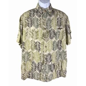 Caribbean Button Down Shirt Mens L Green Tropical Palm Leaf Rayon